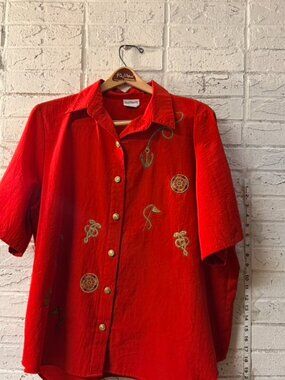 BonWorth Nautical Embroidered Button Front Blouse Red Short Sleeve Shirt Women's